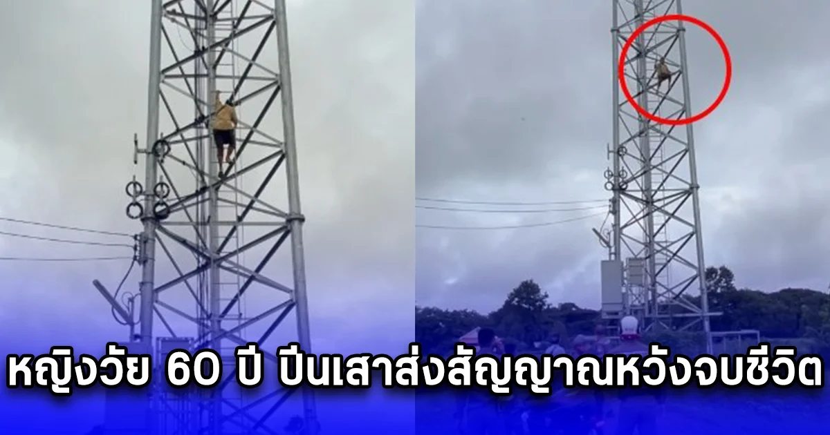 หญิงวัย 60 ปี ปีนเสาส่งสัญญาณหวังจบชีวิต