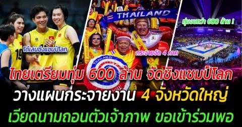 ผงาดโลก ไทยเตรียมทุ่ม 600 ล้าน จัดชิงแชมป์โลก วางแผนกระจายงาน 4 จังหวัดใหญ่ เวียดนามถอนตัวเจ้าภาพ ขอเข้าร่วมพอ