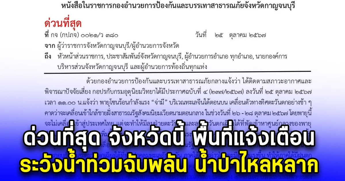 ด่วนที่สุด จังหวัดนี้ พื้นที่แจ้งเตือน ระวังน้ำท่วมฉับพลัน น้ำป่าไหลหลาก