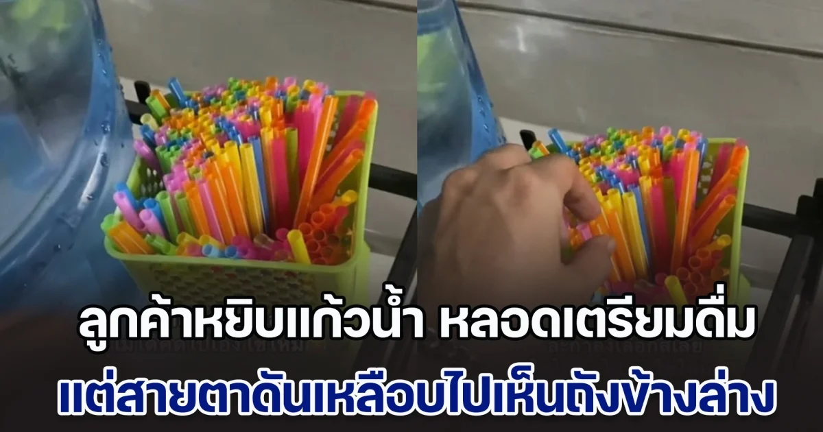 ลูกค้าทานก๋วยเตี๋ยวที่ร้าน เดินไปหยิบแก้วน้ำ หลอดเตรียมดื่ม แต่สายตาดันเหลือบไปเห็นถังข้างล่าง ดื่มน้ำขวดน่าจะดีกว่า