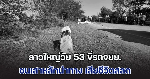 สาวใหญ่วัย 53 ขี่รถจยย. ชนเสาหลักนำทาง เสียชีวิตกลางถนน