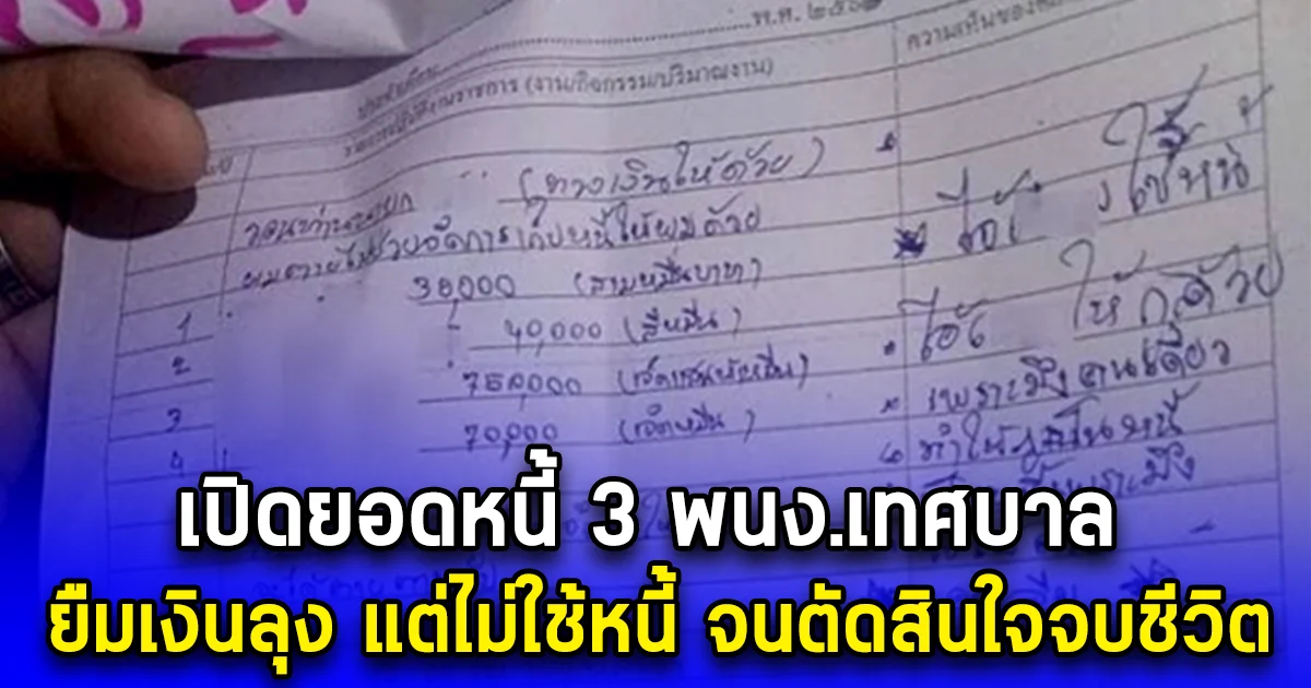 เปิดยอดหนี้ 3 พนง.เทศบาล ยืมเงินลุง แต่ไม่ใช้หนี้ จนตัดสินใจจบชีวิต