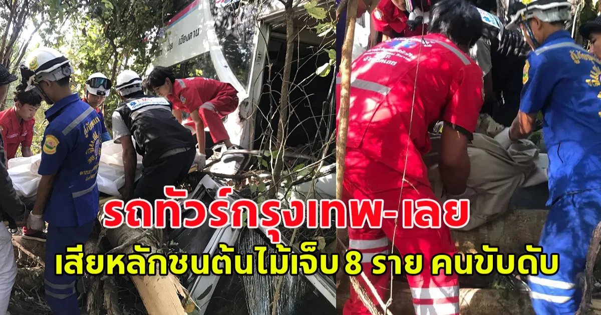 รถทัวร์กรุงเทพ-เลย เสียหลักชนต้นไม้เจ็บ 8 ราย คนขับดับ