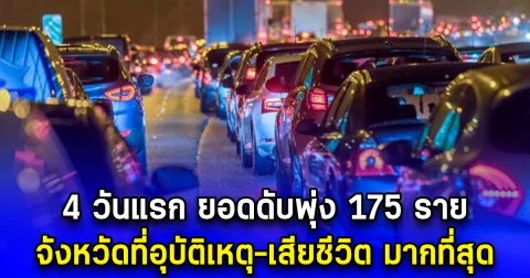 4 วันแรก ยอดดับพุ่ง 175 ราย จังหวัดที่อุบัติเหตุ-เสียชีวิต มากที่สุด