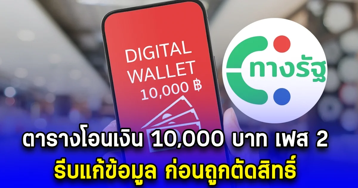 ตารางโอนเงิน 10,000 บาท เฟส 2  รีบแก้ข้อมูล ก่อนถูกตัดสิทธิ์