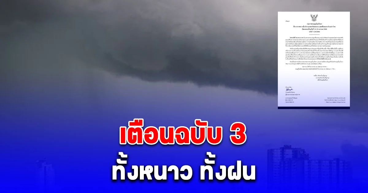 กรมอุตุนิยมวิทยา เตือนฉบับ 3 พรุ่งนี้ อุณหภูมิลดฮวบ 5 องศา มรสุมถล่มฝนตกหนัก ตั้งแต่วันที่ วันที่ 26-28 ม.ค.68