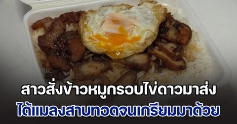 สาวสั่งข้าวหมูกรอบไข่ดาวมาส่ง เนื้อทอดจนเกรียมน่าทาน แต่พอเพ่งมองอีกที ชวนอี๋สุด ๆ กลมกลืนมาก ร้านพลาดหนัก
