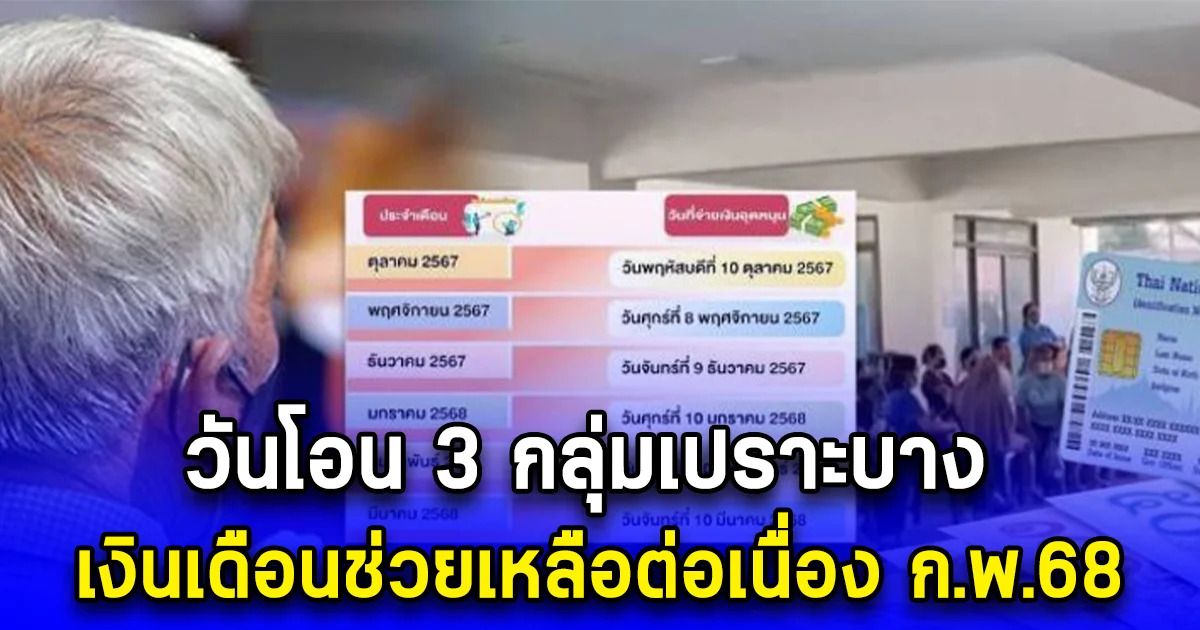วันโอน 3 กลุ่มเปราะบาง เงินเดือนช่วยเหลือต่อเนื่อง ก.พ.68