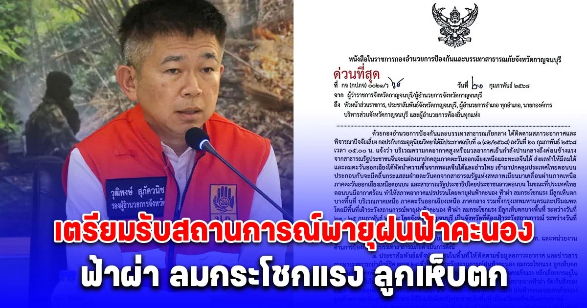 รอง ผวจ. ประกาศเตรียมรับสถานการณ์พายุฝนฟ้าคะนอง ฟ้าผ่า ลมกระโชกแรง ลูกเห็บตก ระหว่างวันที่ 23-25 ก.พ.นี้