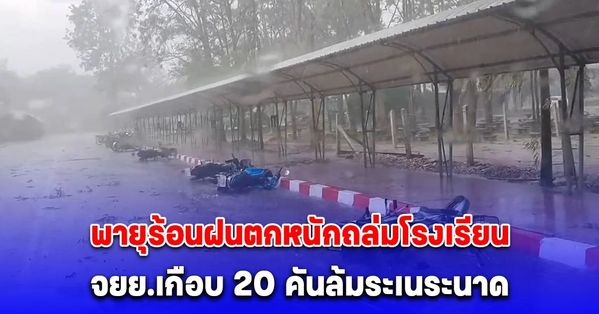 พายุร้อนฝนตกหนักถล่มโรงเรียน จยย.เกือบ 20 คันล้มระเนระนาด