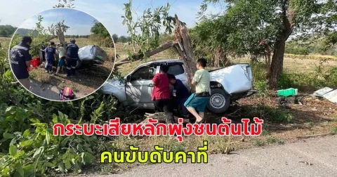 กระบะเสียหลักพุ่งชนต้นไม้ คนขับดับคาที่