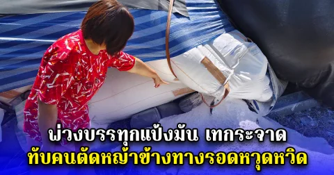 พ่วงบรรทุกแป้งมันเทกระจาดทับคนตัดหญ้าข้างทางรอดหวุดหวิด