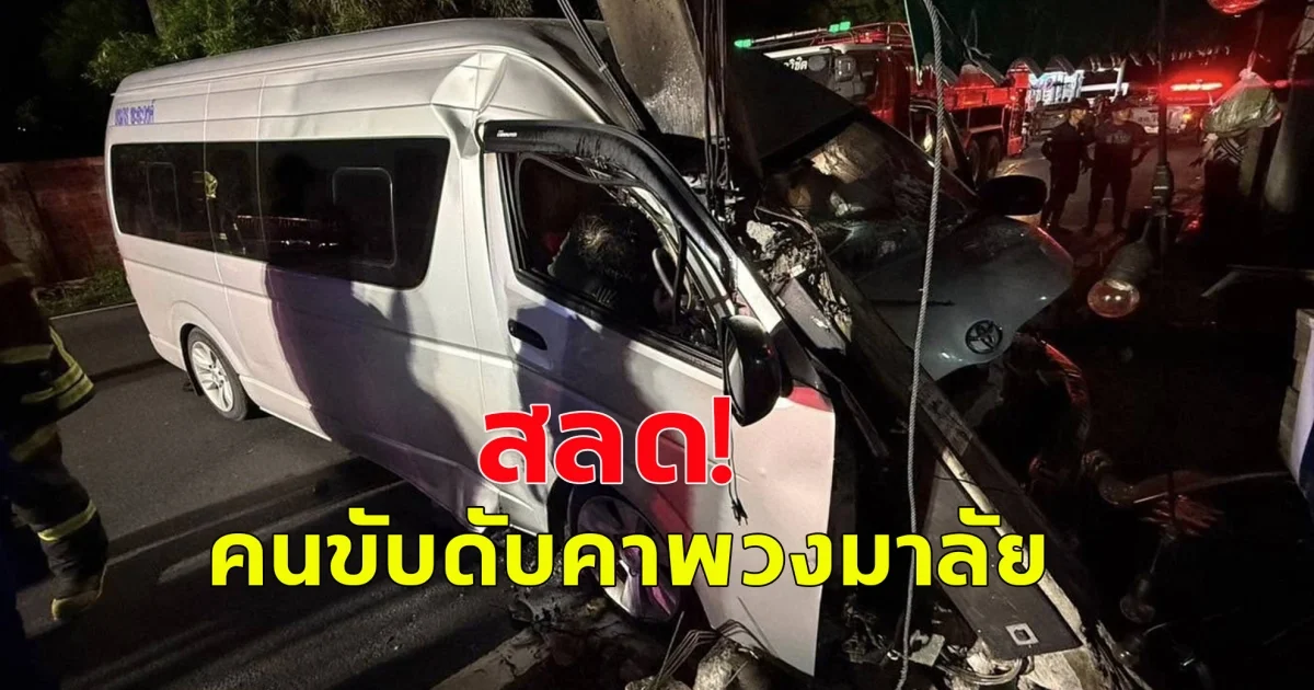 รถตู้เสียหลักพุ่งอัดก๊อบปี้เสาไฟฟ้าข้างทาง โชเฟอร์ดับคาซากรถ
