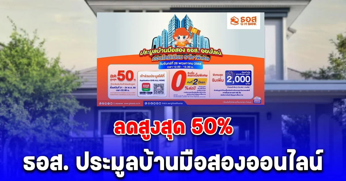 ธอส. ประมูลบ้านมือสองออนไลน์ ลดสูงสุด 50%