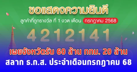 เผยจังหวัดรับ 60 ล้าน กทม. 20 ล้าน สลาก ธ.ก.ส. ประจำเดือนกรกฎาคม 68 หมานจริงๆ