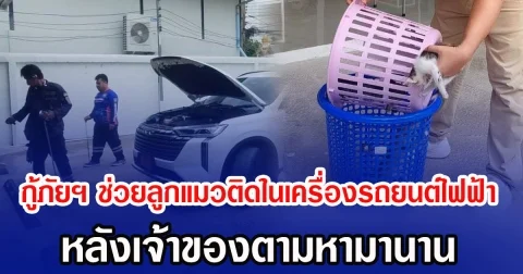 กู้ภัยพิษณุโลกช่วยลูกแมวติดในห้องเครื่องรถยนต์ไฟฟ้า หลังเจ้าของตามหามานาน