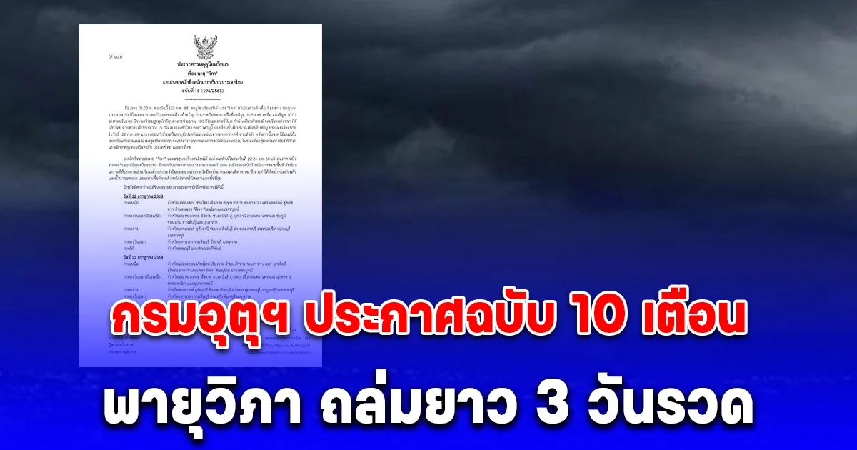 กรมอุตุฯ ประกาศฉบับ 10 เตือน พายุวิภา ถล่มยาว 3 วันรวด เปิดชื่อจังหวัดรับมือทันที