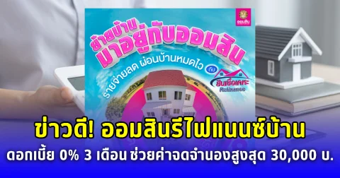 ข่าวดี! ออมสินรีไฟแนนซ์บ้าน ดอกเบี้ย 0% นาน 3 เดือน พร้อมช่วยค่าจดจำนองสูงสุด 30,000 บาท
