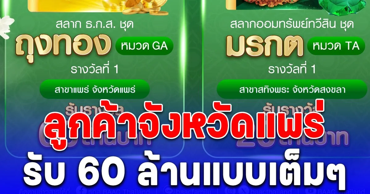 ลูกค้าจังหวัดแพร่ รับ 60 ล้านแบบเต็มๆ สลาก ธกส.
