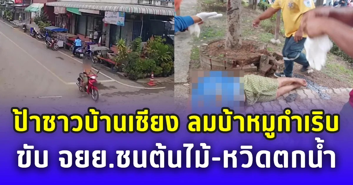 ระวังภัยใกล้ตัว! ป้าชาวบ้านเชียง ลมบ้าหมูกำเริบ ขับ จยย.ชนต้นไม้-หวิดตกน้ำ