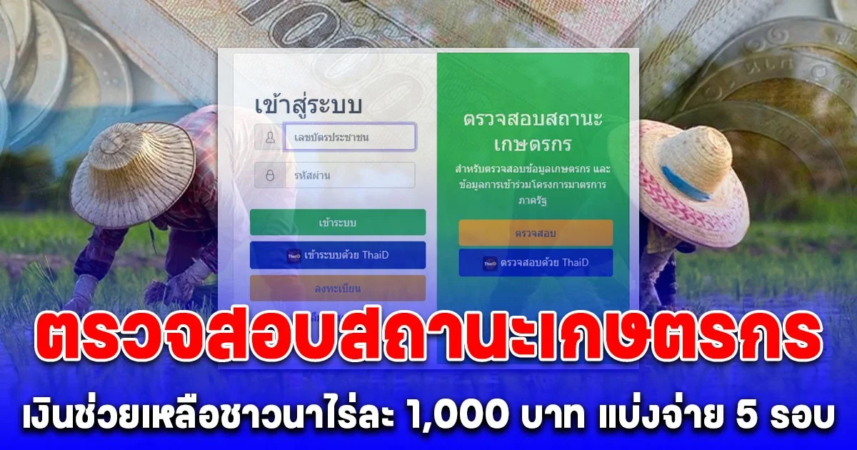 ตรวจสอบสถานะเกษตรกร เงินช่วยเหลือชาวนาไร่ละ 1,000 บาท แบ่งจ่าย 5 รอบ  พร้อมโอนใน 3 วัน