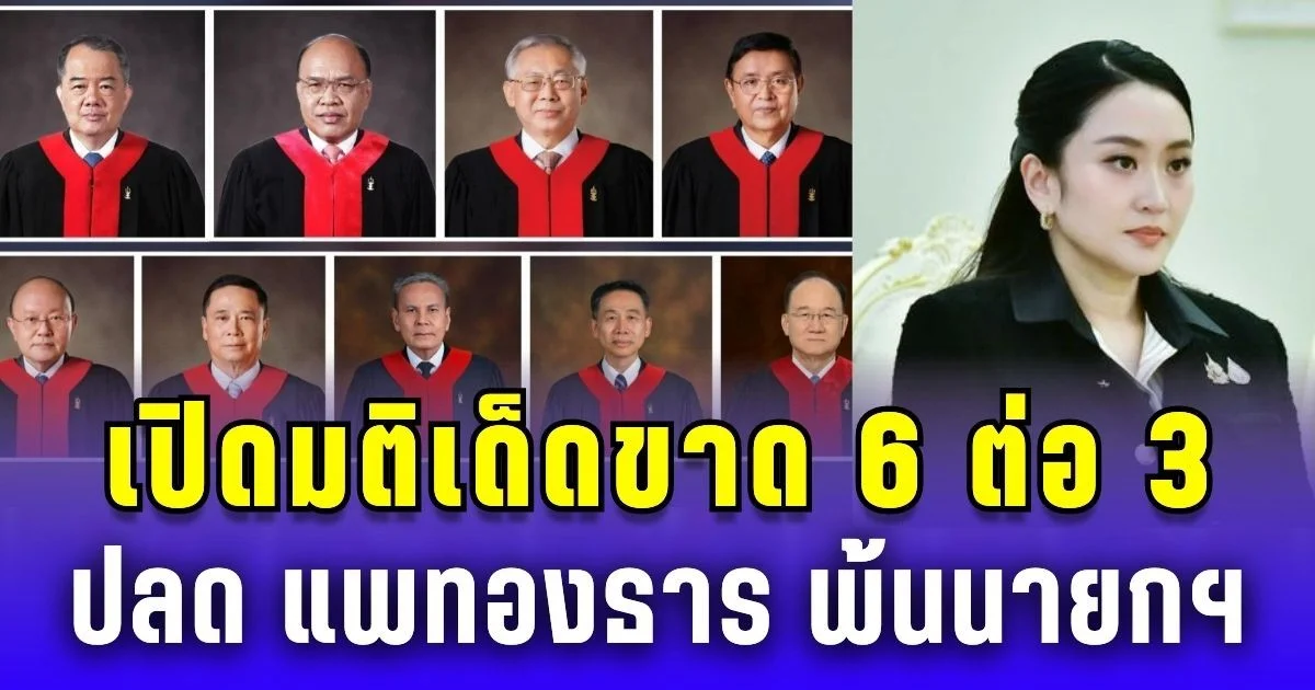 ศาลรัฐธรรมนูญชี้ชัด 6 ต่อ 3 แพทองธาร หลุดเก้าอี้นายกฯ