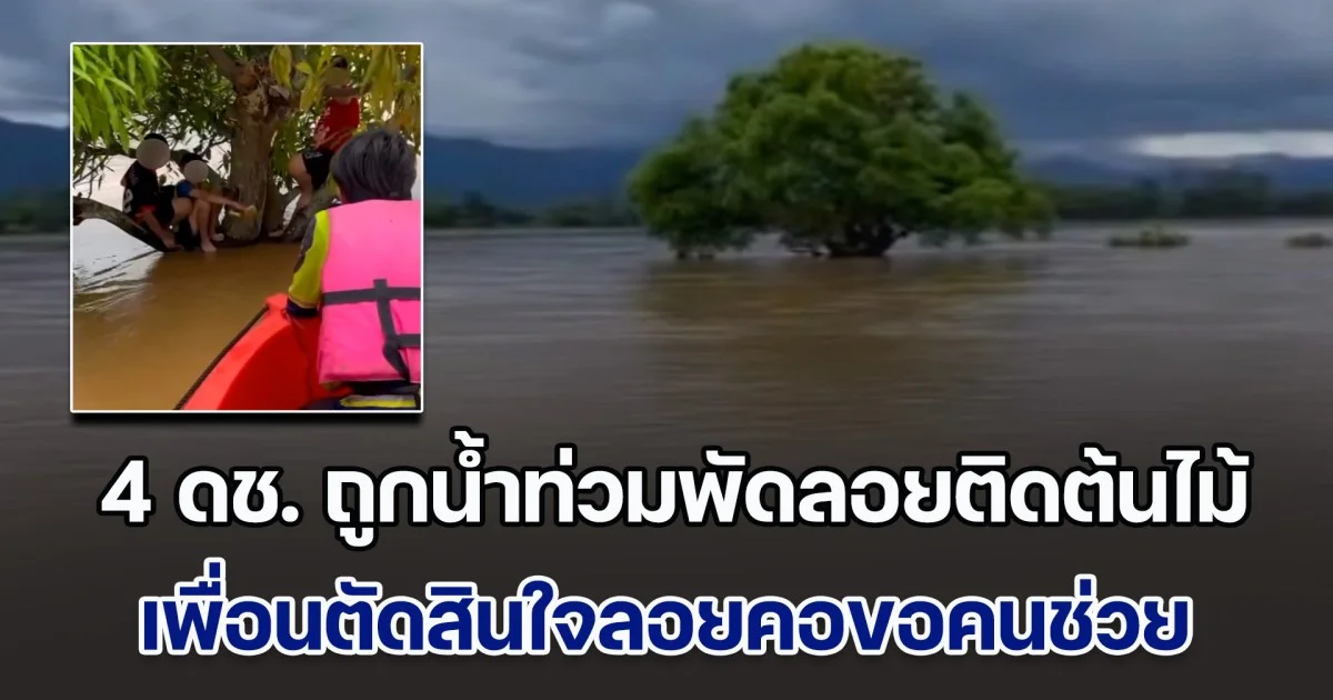 ระทึก! 4 ดช. ถูกน้ำท่วมพัดลอยติดต้นไม้กลางทุ่ง เพื่อนตัดสินใจลอยคอ ออกมาหาชาวบ้านไปช่วยเพื่อนอีก 3 คน