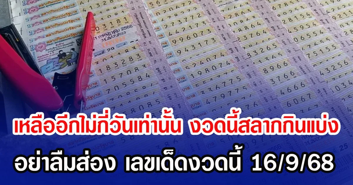 เหลืออีกไม่กี่วันเท่านั้น งวดนี้สลากกินแบ่ง อย่าลืมส่อง เลขเด็ดงวดนี้ 16/9/68