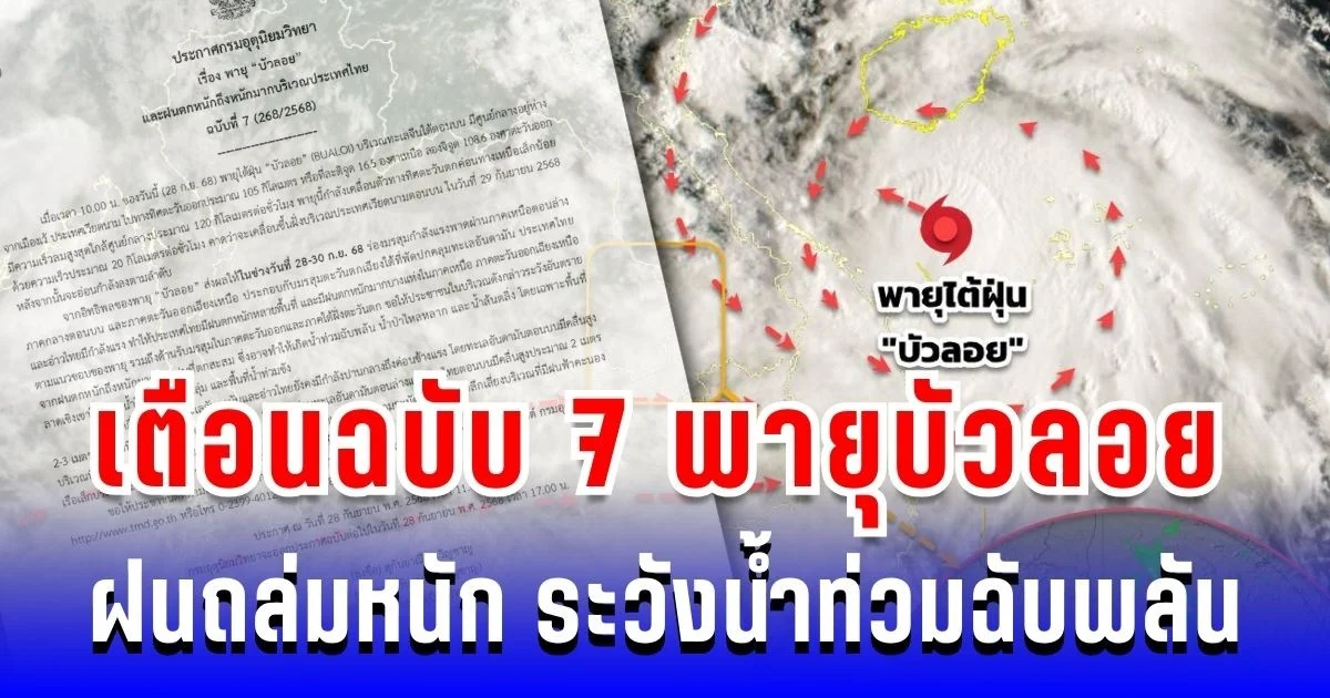 ประกาศแล้ว! กรมอุตุฯ เตือนฉบับ 7 พายุบัวลอย ฝนถล่มหนัก ระวังน้ำท่วมฉับพลัน หลายพื้นที่