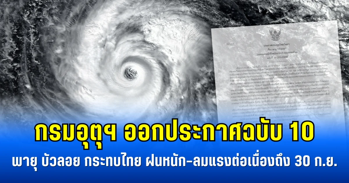 กรมอุตุฯ ออกประกาศฉบับ 10 พายุ บัวลอย กระทบไทย ฝนหนัก–ลมแรงต่อเนื่องถึง 30 ก.ย.