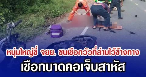 หนุ่มใหญ่ขี่ จยย. ชนเชือกวัวที่ล่ามไว้ข้างทาง เชือกบาดคอเจ็บสาหัส