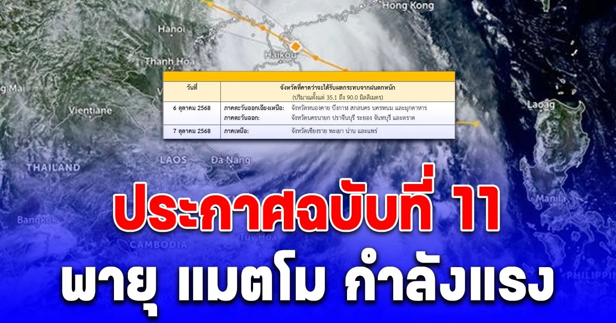 ประกาศฉบับที่ 11 พายุ แมตโม กำลังแรง เปิดพื้นที่รับมือด่วน ถล่ม 2 วันรวด
