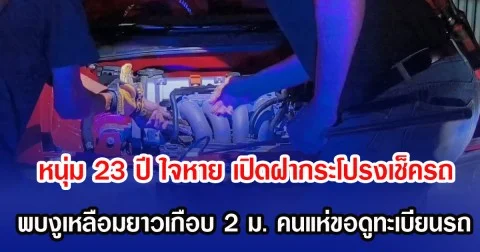 หนุ่ม 23 ปี ใจหาย เปิดฝากระโปรงเช็ครถ พบงูเหลือมยาวเกือบ 2 ม. คนแห่ขอดูทะเบียนรถ