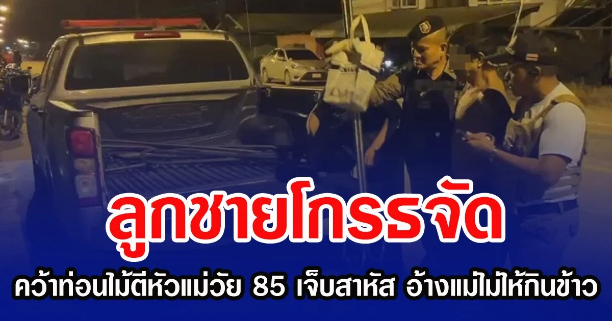 ลูกชายโกรธจัด คว้าท่อนไม้ตีหัวแม่วัย 85 เจ็บสาหัส อ้างแม่ไม่ให้กินข้าว