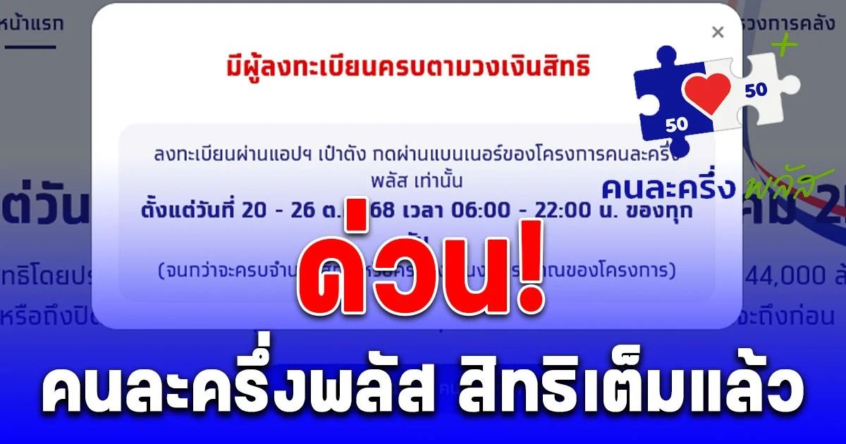 ด่วน! คนละครึ่งพลัส สิทธิเต็มแล้ว