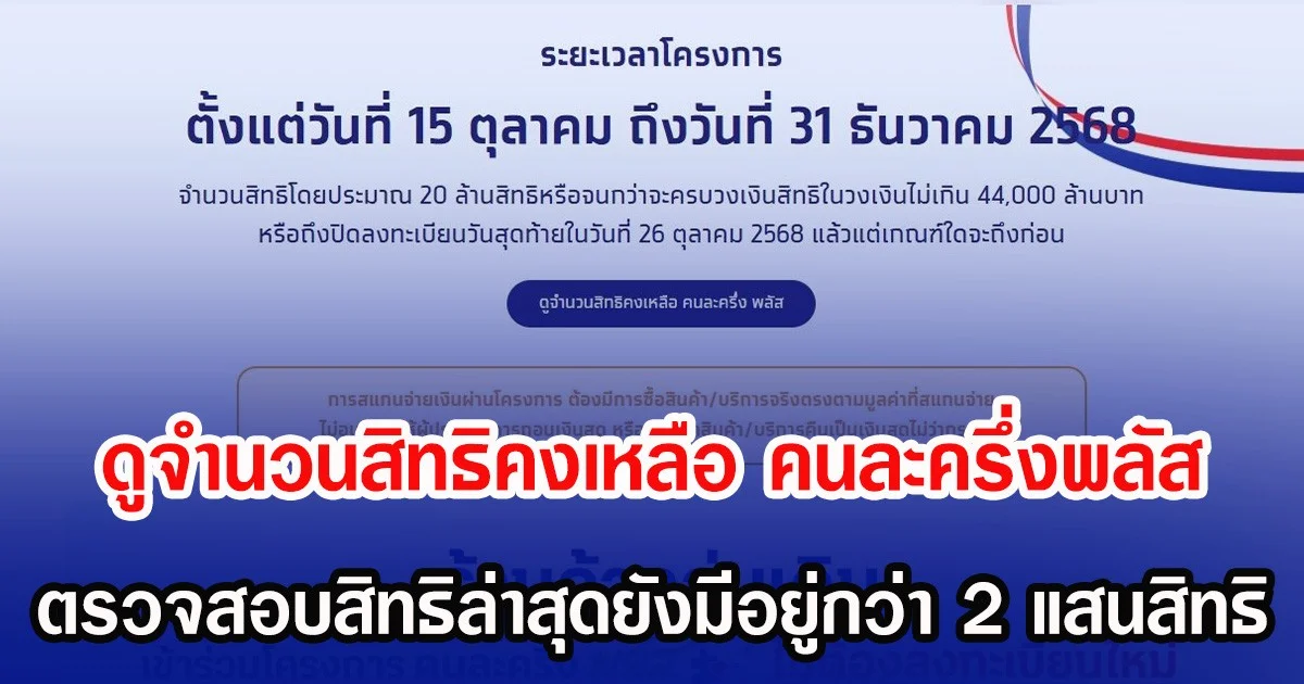 ดูจำนวนสิทธิคงเหลือ คนละครึ่งพลัส ตรวจสอบสิทธิล่าสุดยังมีอยู่กว่า 2 แสนสิทธิ