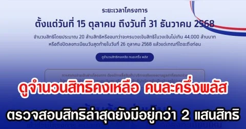 ดูจำนวนสิทธิคงเหลือ คนละครึ่งพลัส ตรวจสอบสิทธิล่าสุดยังมีอยู่กว่า 2 แสนสิทธิ