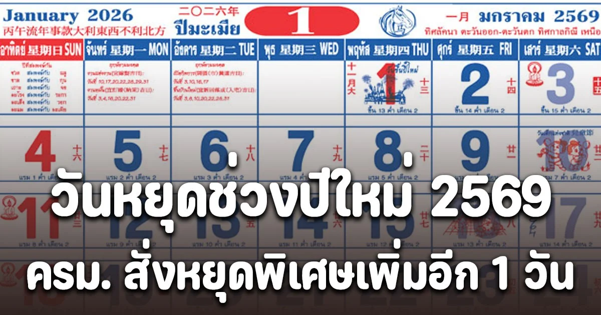 ประกาศแล้ว วันหยุดช่วงปีใหม่ 2569 ครม. สั่งหยุดพิเศษเพิ่มอีก 1 วัน