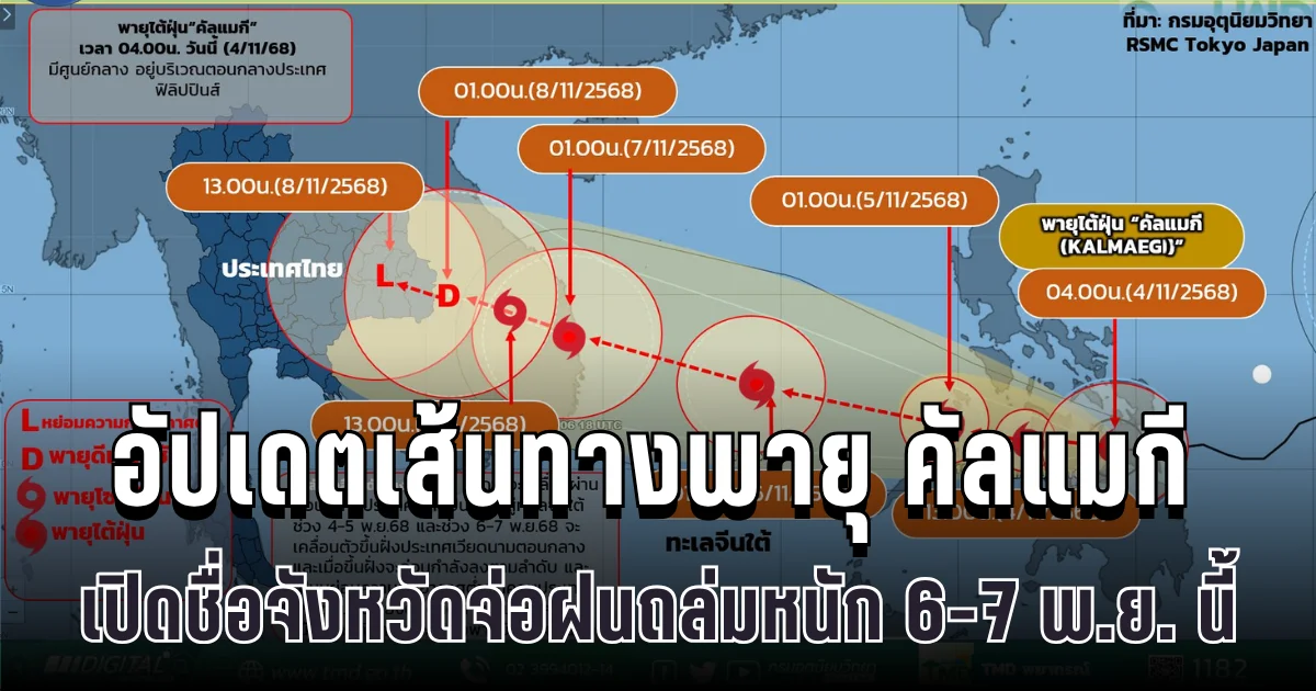 ประกาศแล้ว! กรมอุตุฯ อัปเดตเส้นทางพายุ คัลแมกี เปิดชื่อจังหวัดจ่อฝนถล่มหนัก 6-7 พ.ย. นี้