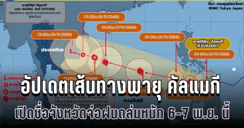 ประกาศแล้ว! กรมอุตุฯ อัปเดตเส้นทางพายุ คัลแมกี เปิดชื่อจังหวัดจ่อฝนถล่มหนัก 6-7 พ.ย. นี้