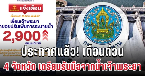 ประกาศแล้ว! ชลประทานเตือนด่วน 4 จังหวัด เตรียมรับมือน้ำจากเขื่อนเจ้าพระยา พร้อมยกของขึ้นที่สูง