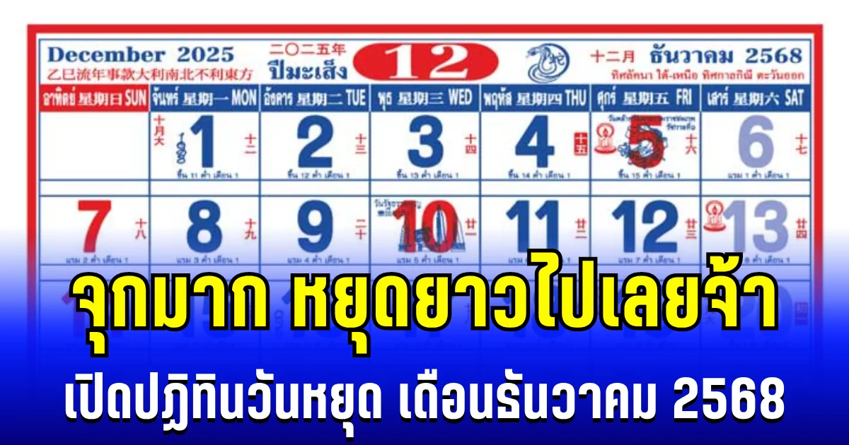 วันหยุดเยอะเวอร์! เปิดปฏิทินวันหยุด เดือนธันวาคม 2568