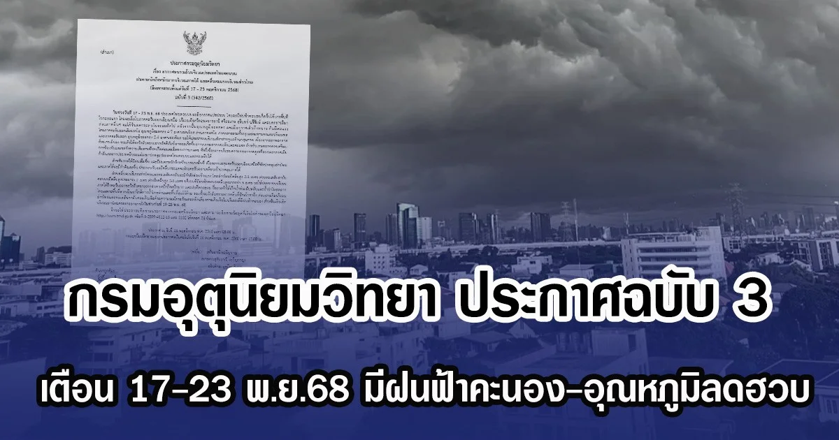 กรมอุตุนิยมวิทยา ประกาศฉบับ 3 เตือน 17-23 พ.ย.68 มีฝนฟ้าคะนอง-อุณหภูมิลดฮวบ