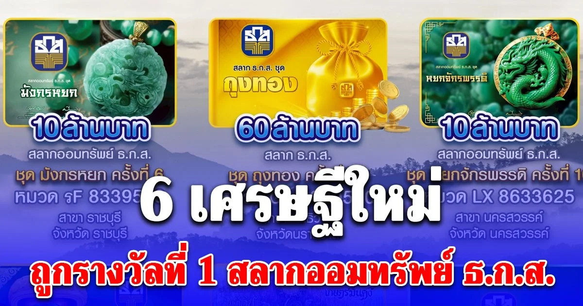 6 เศรษฐีใหม่ เดือนพฤศจิกายนมาแล้ว! ถูกรางวัลที่ 1 สลากออมทรัพย์ ธ.ก.ส.