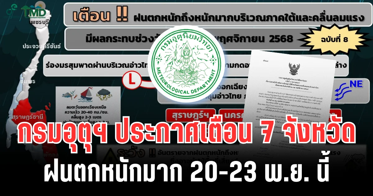 รับฝนเต็มๆ! กรมอุตุฯ ประกาศเตือน 7 จังหวัด ฝนตกหนักมาก 20-23 พ.ย. นี้