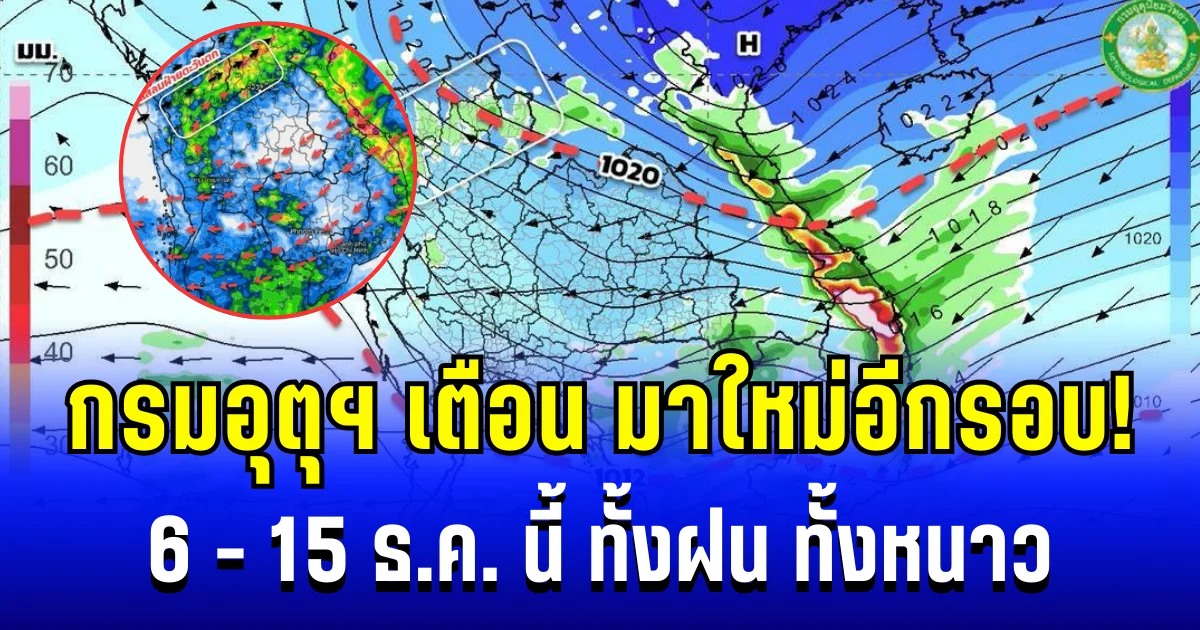 มาใหม่อีกรอบ!  กรมอุตุฯ ประกาศเเล้ว 6 - 15 ธ.ค. ทั้งฝน ทั้งหนาว เปิดพื้นที่รับผลกระทบหนัก