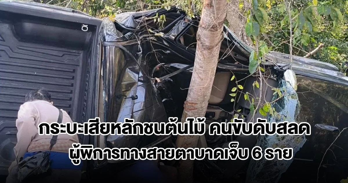 สลด! กระบะเสียหลักชนต้นไม้ข้างทาง คนขับเสียชีวิตคาที่ ผู้พิการทางสายตาบาดเจ็บ 6 ราย