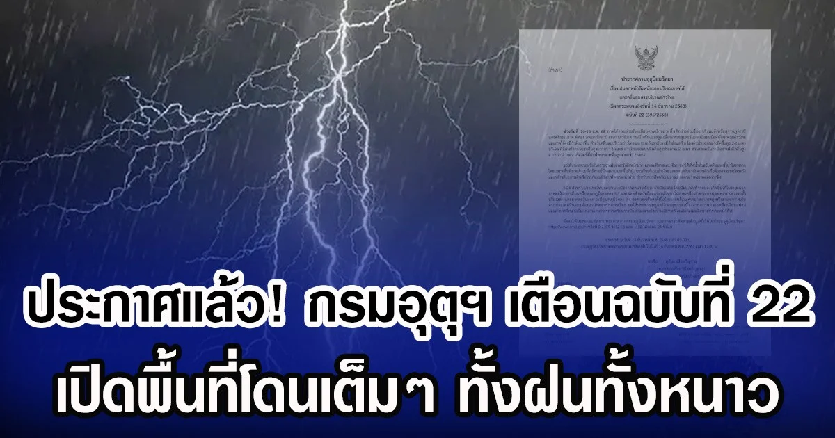 ประกาศเเล้ว! กรมอุตุฯ เตือนฉบับที่ 22 เปิดพื้นที่โดนเต็ม ๆ ทั้งฝนทั้งหนาว