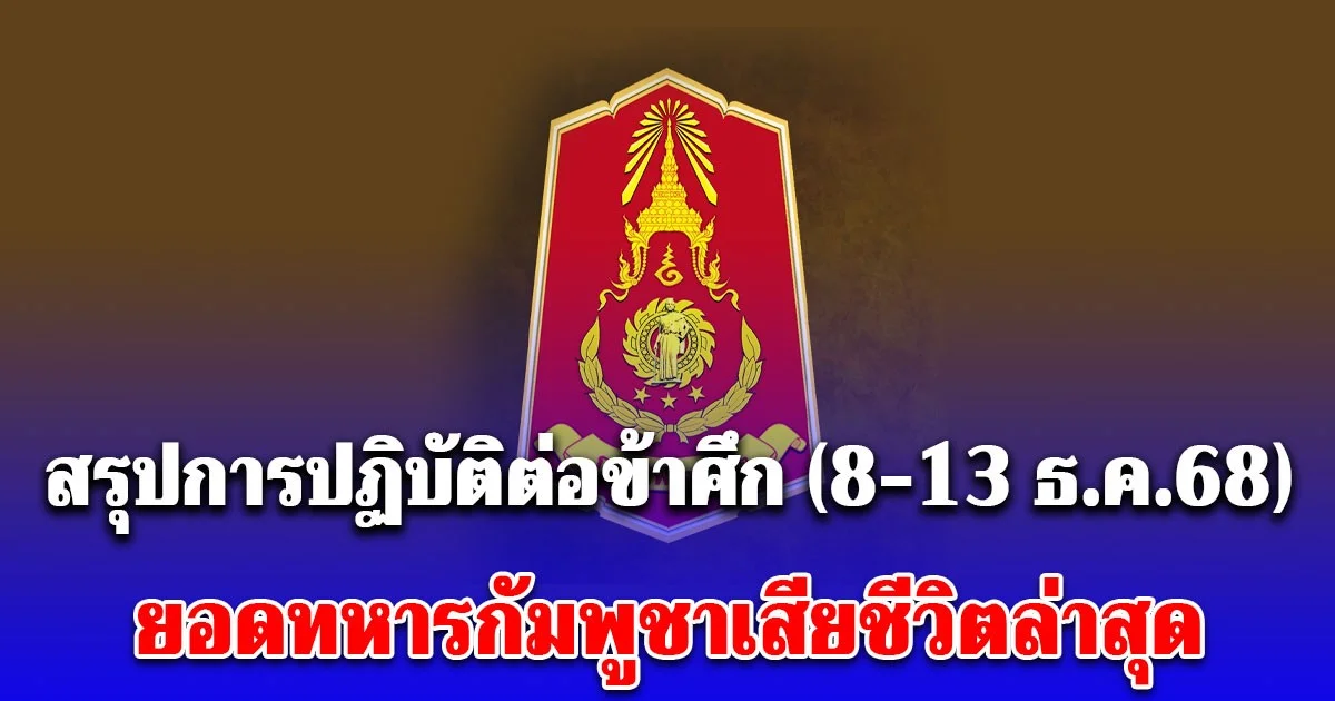 กองทัพภาคที่ 2 สรุปการปฏิบัติต่อข้าศึก (8-13 ธ.ค.68) ยอดทหารกัมพูชาเสียชีวิตล่าสุด