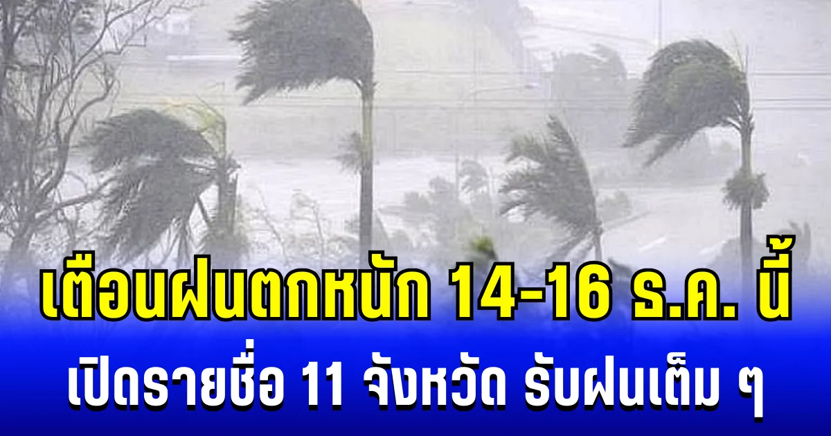 ประกาศเเล้ว! กรมอุตุฯ เตือนฝนตกหนักถึงหนักมาก 14-16 ธ.ค. เปิดรายชื่อ 11 จังหวัด รับเต็ม ๆ